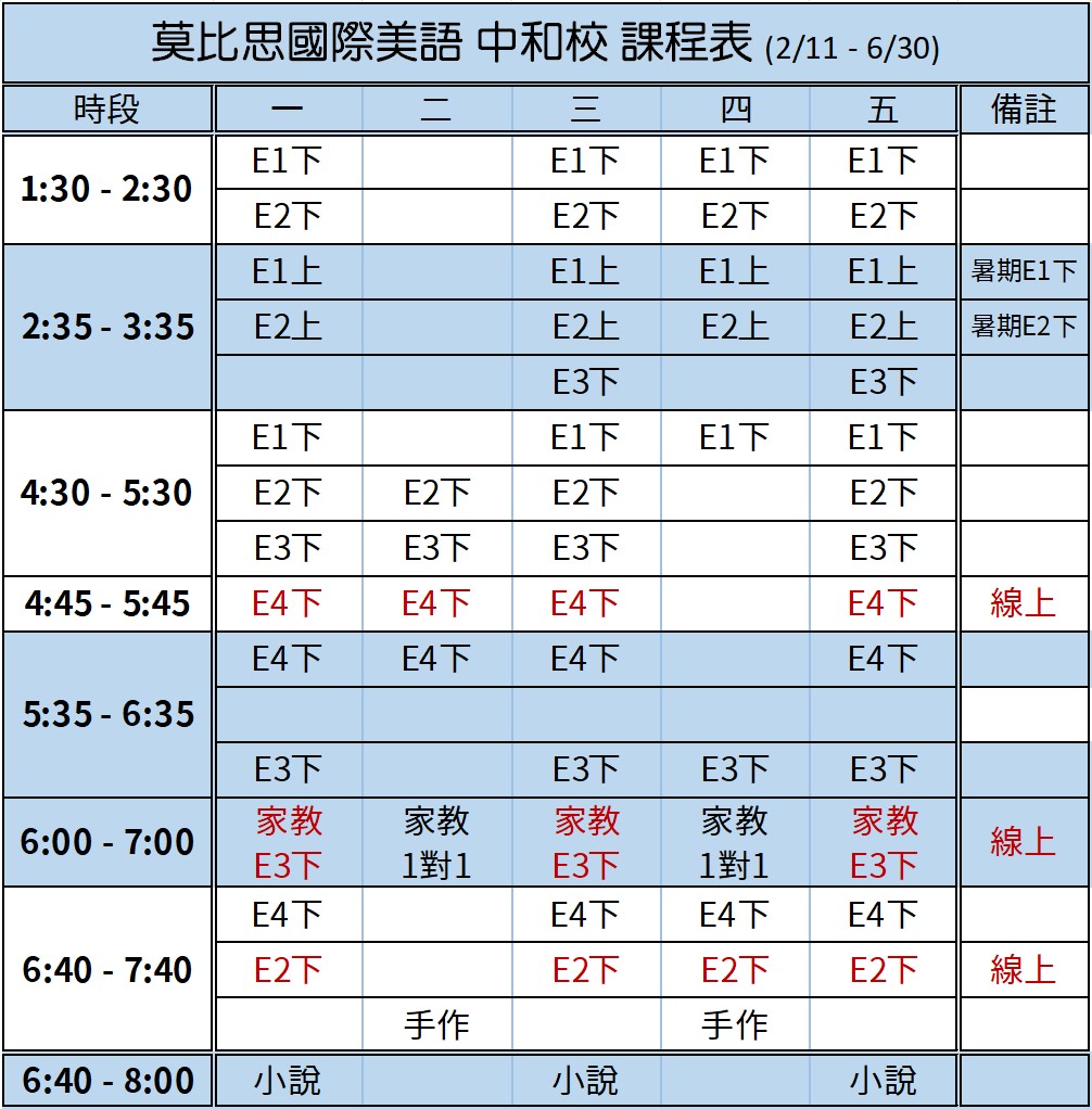 莫比思中和校 2022年2月 開課時間表